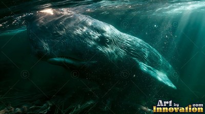 Tilted upward below the surface, a dark sperm whale swims in deep ocean waters
