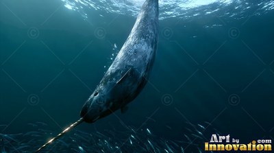 In deep blue ocean water, a mottled gray narwhal dives downward with its tusk