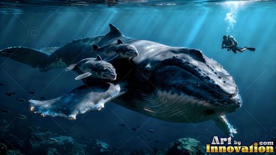 Humpback whale moving near a scuba diver in blue the sea