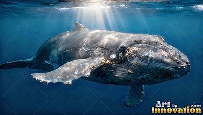 Angled forward, a gray humpback whale passes under sunlit blue water