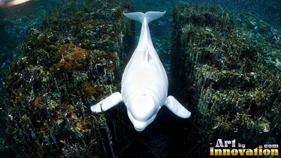 A white beluga whale travels forward between dark ocean rocks underwater