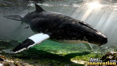 In sunlit shallow water, a dark hump back whale glides over green seabed rocks
