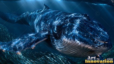 Gliding in deep the ocean, a swimming humpback whale turns beside a school of fish
