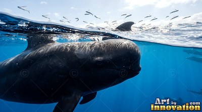 Dark round head of a pilot whale traveling under bright blue water with fish leaping above