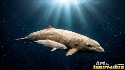 Two beaked whales swim together under bright sunbeams cutting through dark blue sea