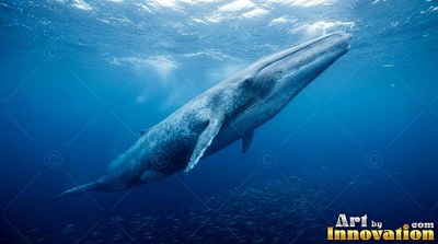 Angled upward toward the surface, a blue whale cruises in deep ocean water