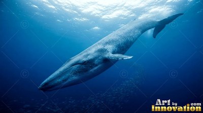 Swimming through sunlight, a mottled blue whale dives into deep ocean water