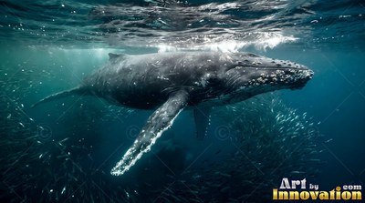 A humpback whale swims just below the surface in dark blue water