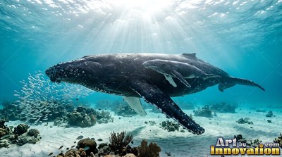 Bumpy skin covers a large humpback whale passing with its calf over a sandy reef in sunny blue water