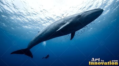 A blue whale slides above a scuba diver under pale sunlight in deep blue ocean