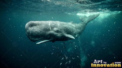 Angled toward the viewer, a scarred sperm whale swims in deep blue water