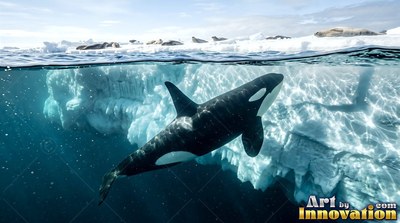 An orca swims through clear blue water right under an iceberg with seals on top