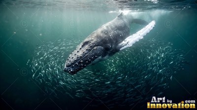 In sunlit green ocean water, a swimming humpback whale dives over a swirling school of small fish