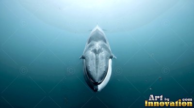 A whale passes straight up through blue water