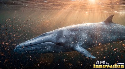 Mottled gray skin covers a whale traveling through sunlit ocean water surrounded by krill