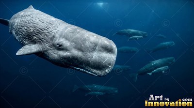 A gray sperm whale moves forward through deep blue the sea illuminated by soft sunbeams above