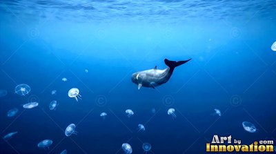 Curving downward, a dark sperm whale passes through deep blue water with jellyfish