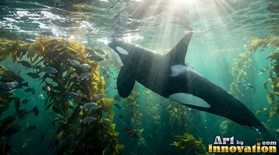 A killer whale swims through sunny green sea past tall brown kelp stalks