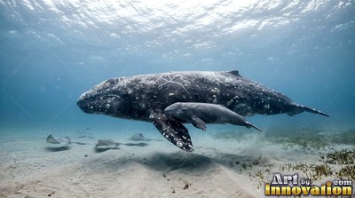 In sunny turquoise water, a gray whale moves with a small calf over sandy ground