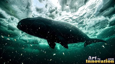 Swimming under sea ice, a dark bowhead whale swims through cold green ocean water