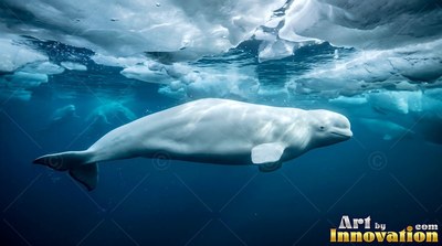 A white beluga whale passes under ice in dark blue sea