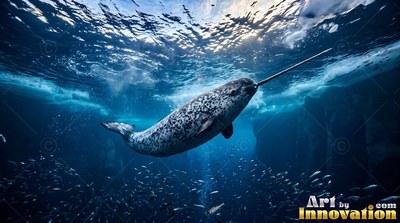 Spotted gray skin covers a narwhal as it swims under sea ice in dark blue water