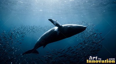 A whale slides through a swirling school of small fish under pale sunlight in blue water