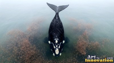 Seen from above, a black right whale swims through murky green sea water with red krill