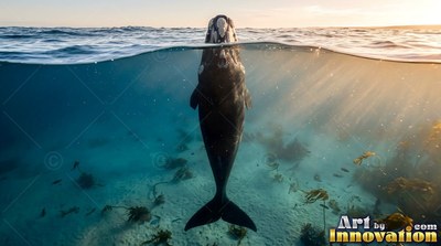 A dark whale pokes its head out of clear blue water in warm sunlight