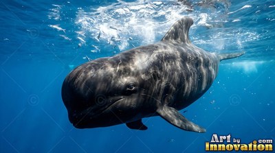 Swimming near the surface, a dark pilot whale cruises through clear blue ocean water