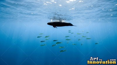 Round dark head of a whale cruising near the sunlit ocean surface above small green fish