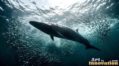 Gliding upward from below, a whale cruises in a swirl of silver fish