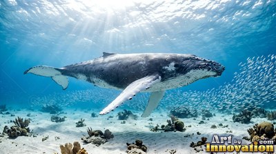 An adult humpback whale swims through bright blue water above a sandy ocean floor