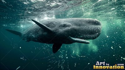 Swimming near the surface, a dark sperm whale swims through sunlit greenish water