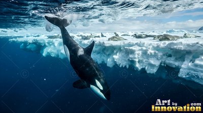 An orca swims under sea ice where seals rest on top