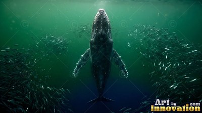 Bumpy snout pointing upward, an adult humpback whale rises through green sea water filled with fish