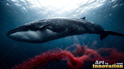A dark blue whale swims through the deep the ocean above a cloud of red krill
