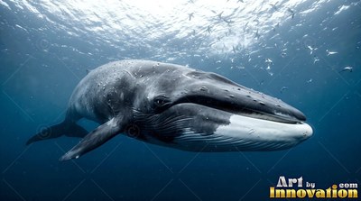 Swimming forward toward the viewer, a gray whale glides across deep sea water