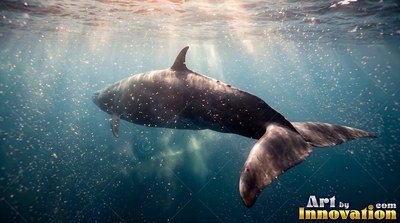 A dark whale cruises through blue water filled with tiny bubbles under sunlight