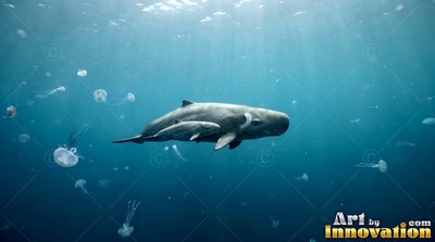 Swimming through sunlit blue water, a dark gray whale guides its small calf near jellyfish