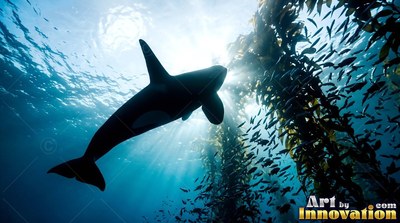 An orca swims through sunlit blue water near tall kelp