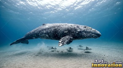Barnacle-crusted skin covers a gray whale swimming above rays on a sandy sea floor