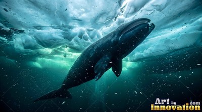 A bowhead whale travels beneath cracked sea ice with pale green light filtering down