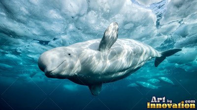 Gliding forward, a white beluga whale travels under Arctic sea ice in clear blue water