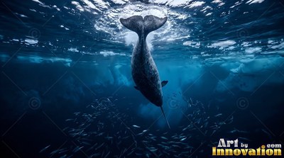 A narwhal dives straight down into dark blue water toward small fish