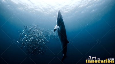 In deep blue the ocean, a minke whale swims upward beside a silver fish school