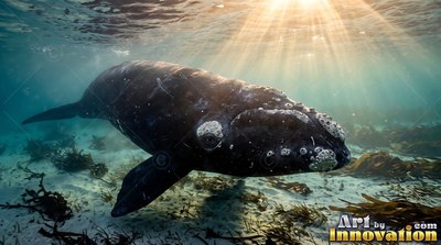 A dark whale moves over a sandy seabed in bright sunlight