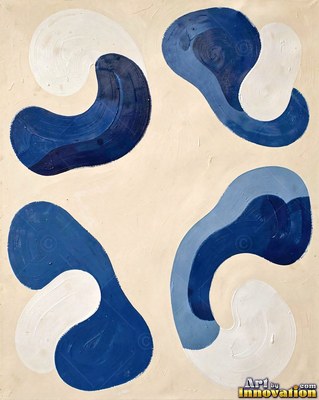 Abstract royal blue and gold impasto waves sweeping diagonally across a cream ground