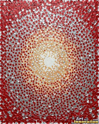 Abstract crimson red and silver paint splashes with flecks of gold leaf on a white ground