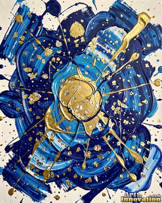 Abstract mid-century cobalt blue and white rounded forms on a warm cream ground